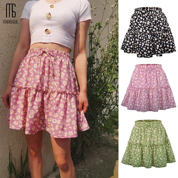

Manoswe Women Daisy Print Lace-up Skirt 2020 New Summer Fashion High Waist Frills Sweet Wind A-line Mini Skirt