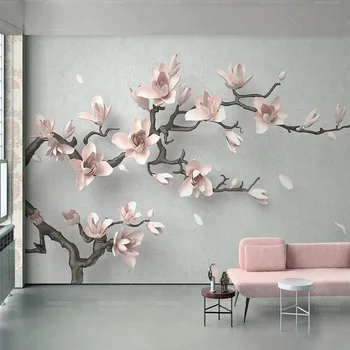 

Custom Photo Wallpaper 3D Stereo Pink Magnolia Flower Branches Murals Living Room TV Sofa Bedroom Home Decor Wall Painting 3 D