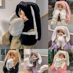 Skin-friendly Rabbit Ear Scarf Sweet Small Fresh Warm Three-piece Suit Solid Color 3 In 1 Gloves Scarf Plush Cap Scarves Gloves