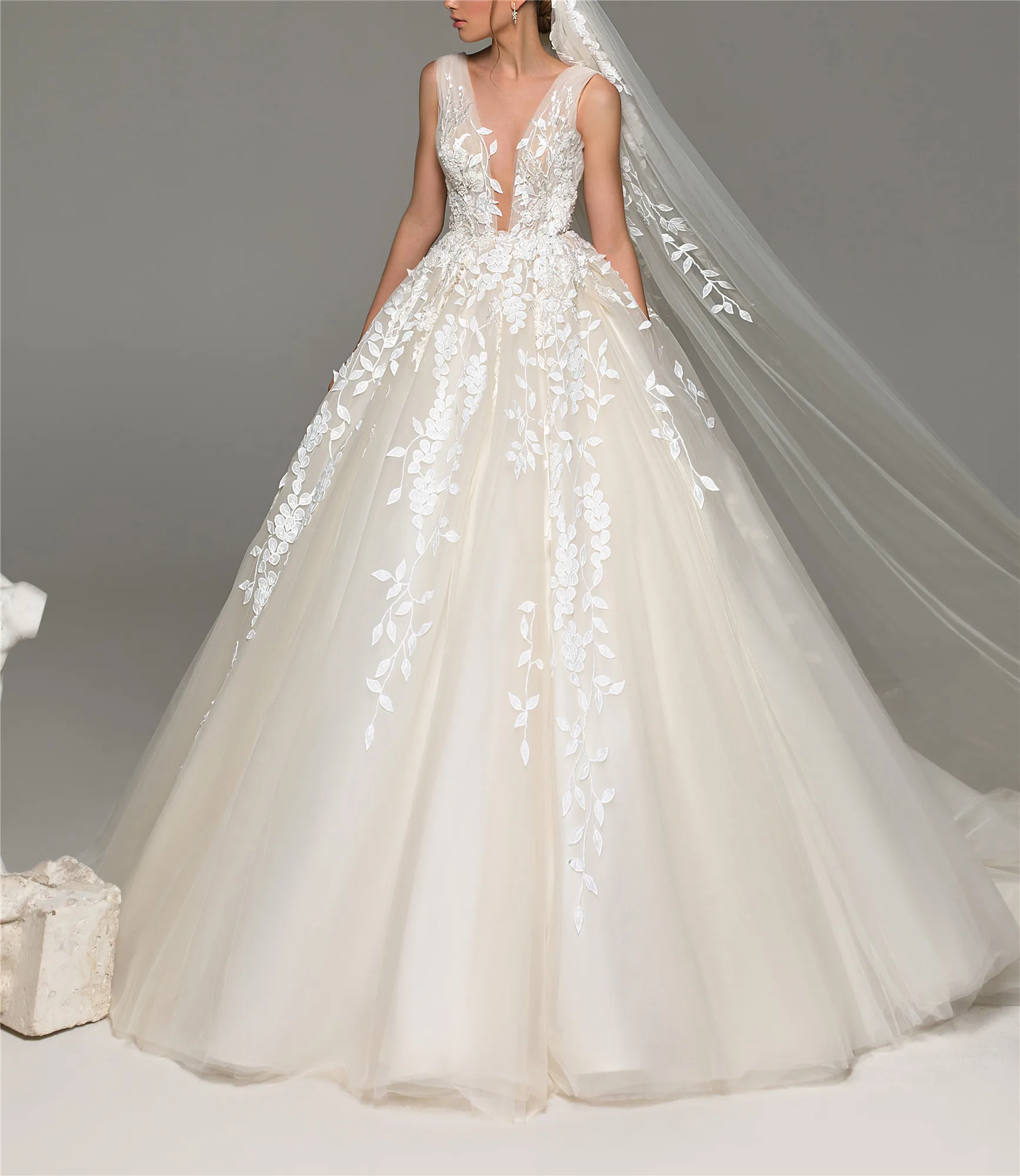 Тюль Аппликации Свадебные платья v-образным вырезом Vestido De Noiva невесты платье свадебное платье Robe De Mariee