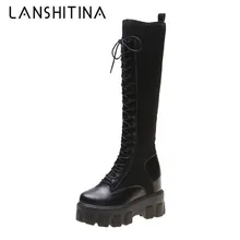 Women Long Sock Boots New Winter Lace-up Knee-High Boots Platform Chunky Shoes Woman 10CM Wedge Heels Motorcycle Boot High Heels