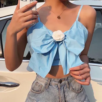 

Summer Grils Sweet Chic Spaghetti Straps Tank Top Bowknot Sling Wrap Chest Chic Tube Top Gothic Steetwear Short Crop Camisole