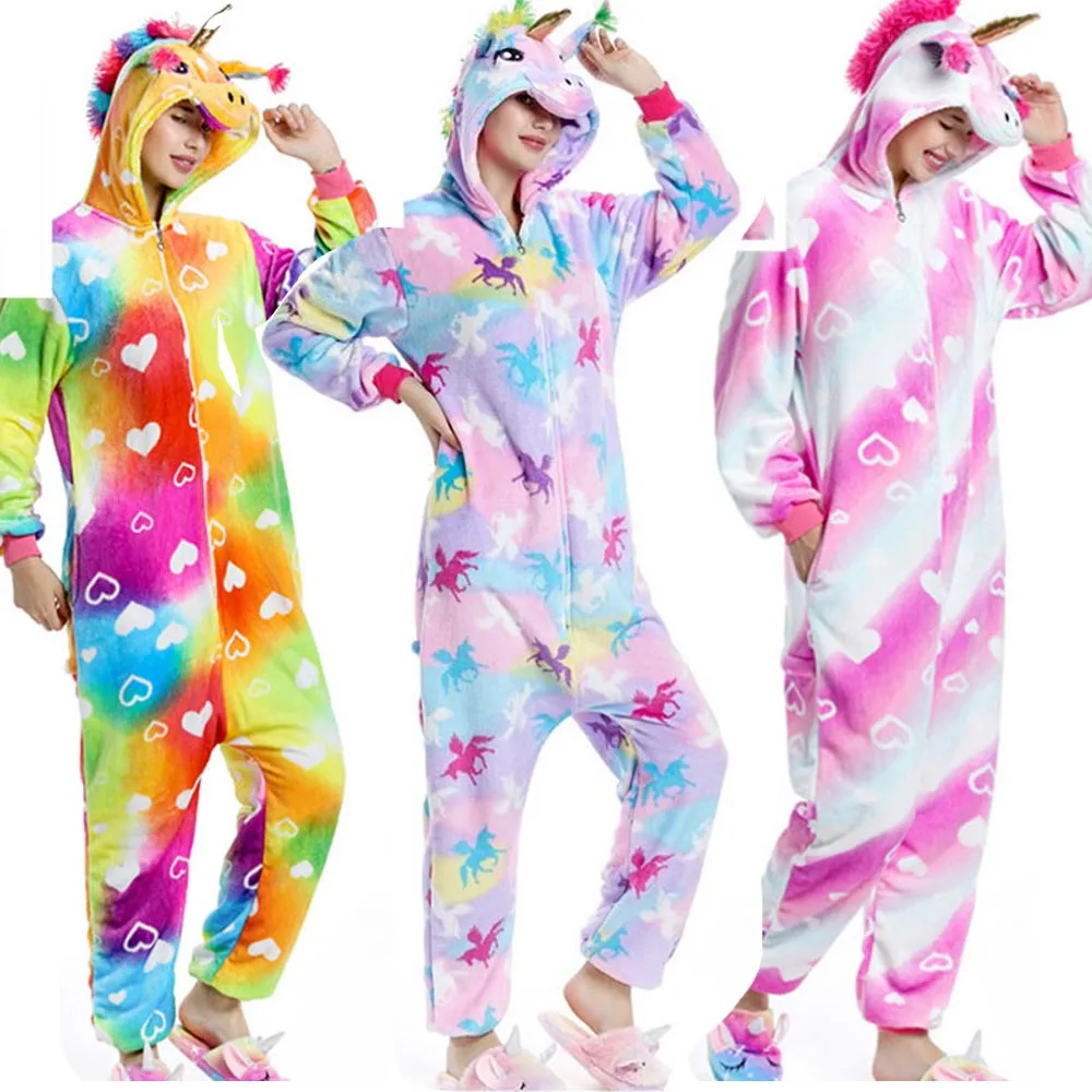 Women's Kigurumi Animal Adults Cat Bear Flannel Onesies Pajama Girls Kid Cosplay Costume Unicorn Jumpsuit Christmas Gift