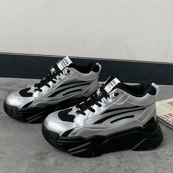 

2020 Novelties Women Glitter Sneakers Vulcanize Shoes Thick Rubber Soles Basket Femme Sneakers Black Silver Chunky Dad Sneakers