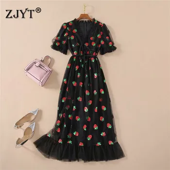 

High Quality Runway Dress Summer 2020 New Woman Clothes Europe Fashion Short Sleeve V Neck Sequined Strawberry Mesh Party Dress