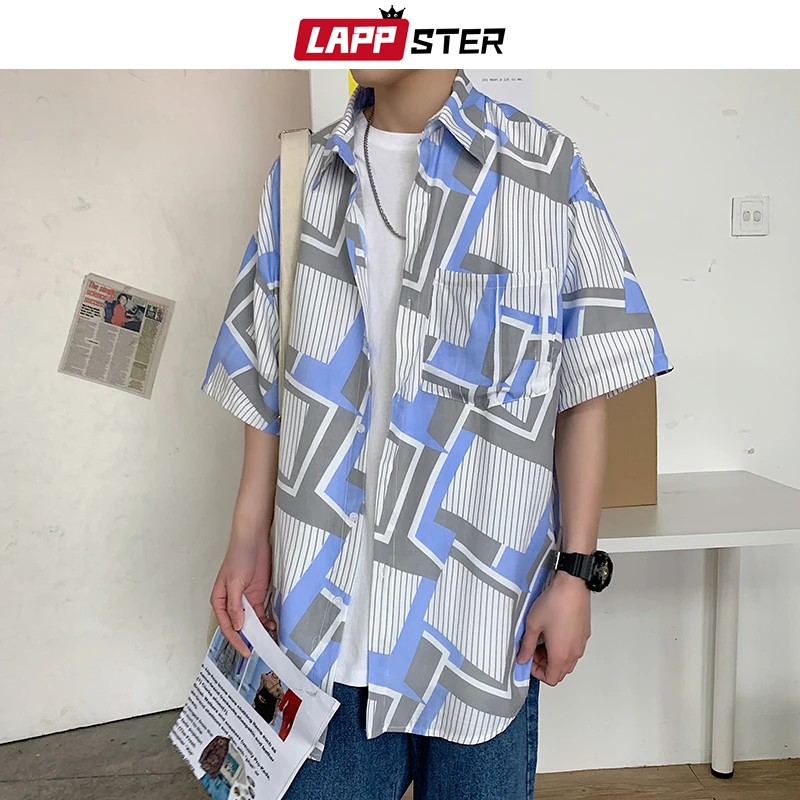LAPPSTER Men Korean Casual Striped Shirts 2020 Summer Japanese Streetwear Hawaiian Blouses Short Sleeve Button Up Shirt 5XL LAPPSTER Men Korean Casual Striped Shirts 2020 Summer Japanese Streetwear Hawaiian Blouses Short Sleeve Button Up Shirt 5XL