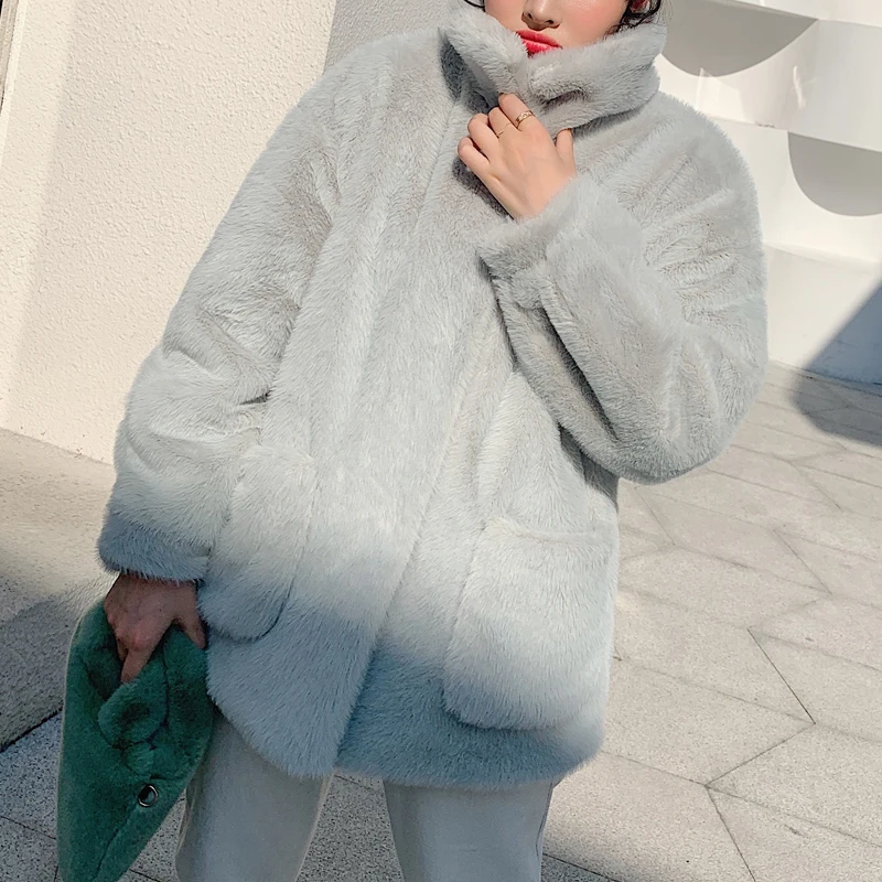 Korean Style Cute Pink Fake Mink Fur Jacket Coat Women Winter Thicken Warm Overcoat Fashion Street Shaggy Faux Fur Overwear