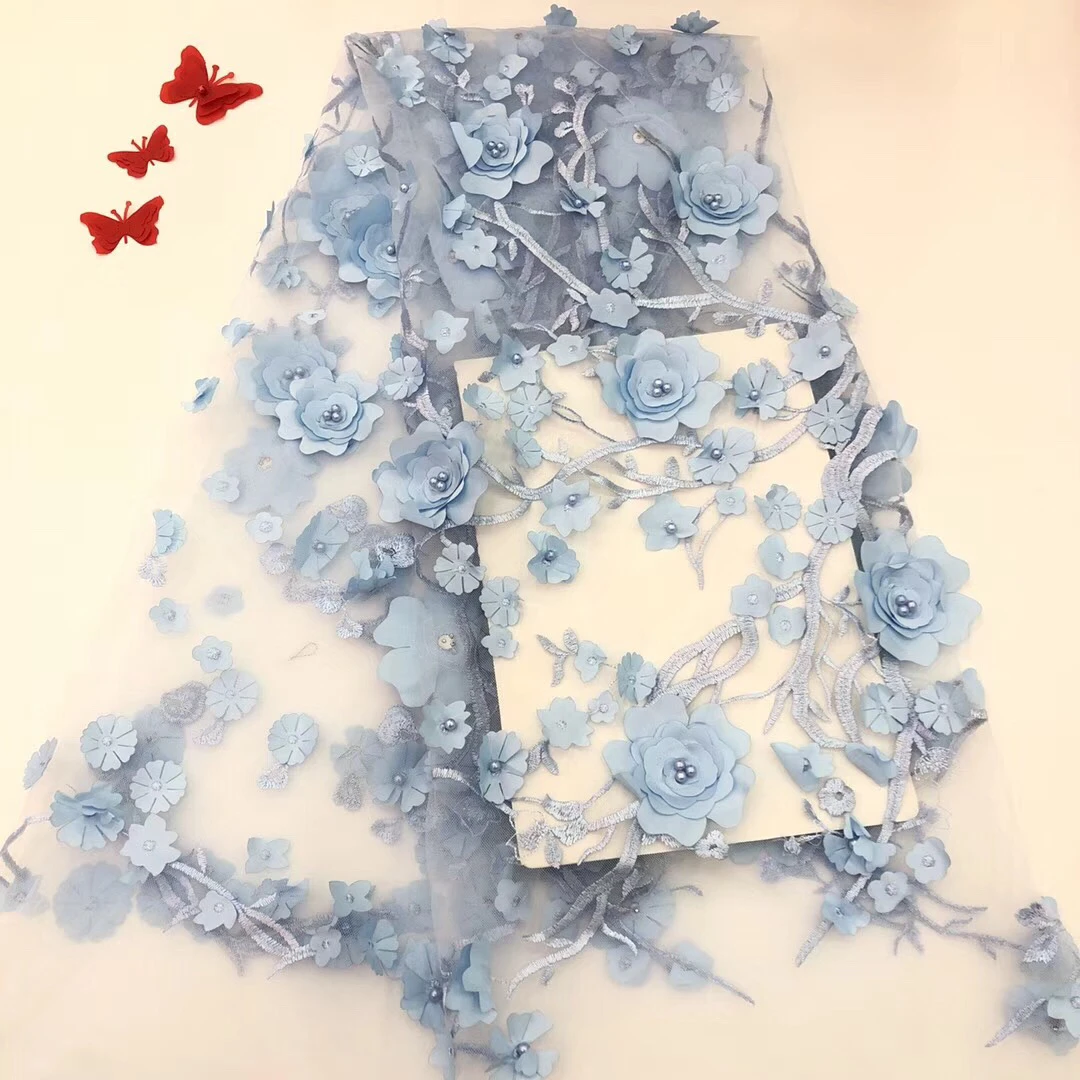 3D African Flower Embroidered Tulle Lace Pearls Fabric 2021 High Quality Sky Blue RF2713 | Дом и сад