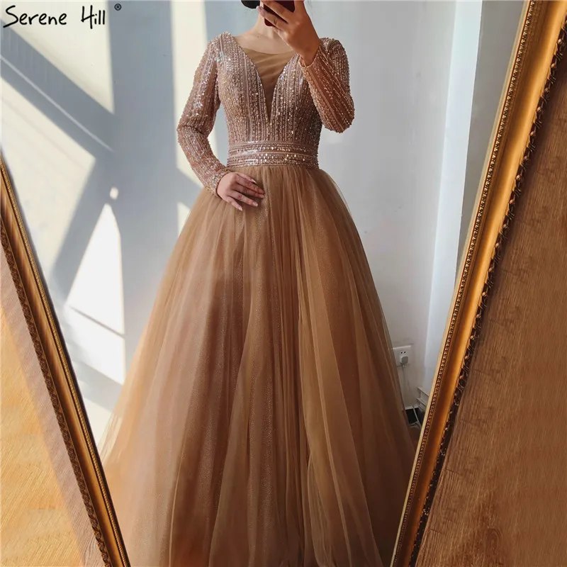 Dubai Pink V-Neck Lace Up Prom Dresses 2020 Long Sleeves Sequins Beading A-Line Long Prom Gowns Serene Hill BLA70237