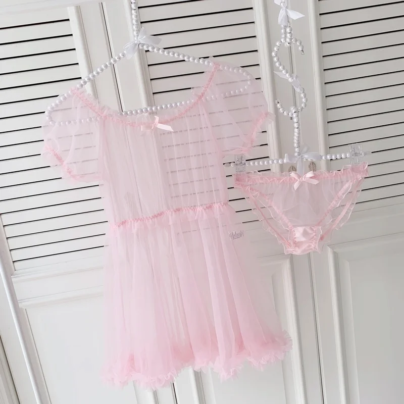 

Fairy Peach Girl Cute Women Chiffon V-neck Perspective Sexy Lingerie Babydoll Nightdress Underwear Pink Sleepwear Set Lenceria