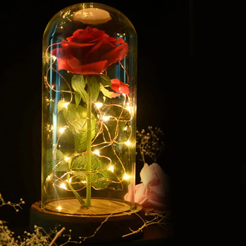  ICOCO Rose LED Night Lamp String Light in a Glass Dome Wooden Base Valentine's Day Gifts Room Decor - 4000171567598