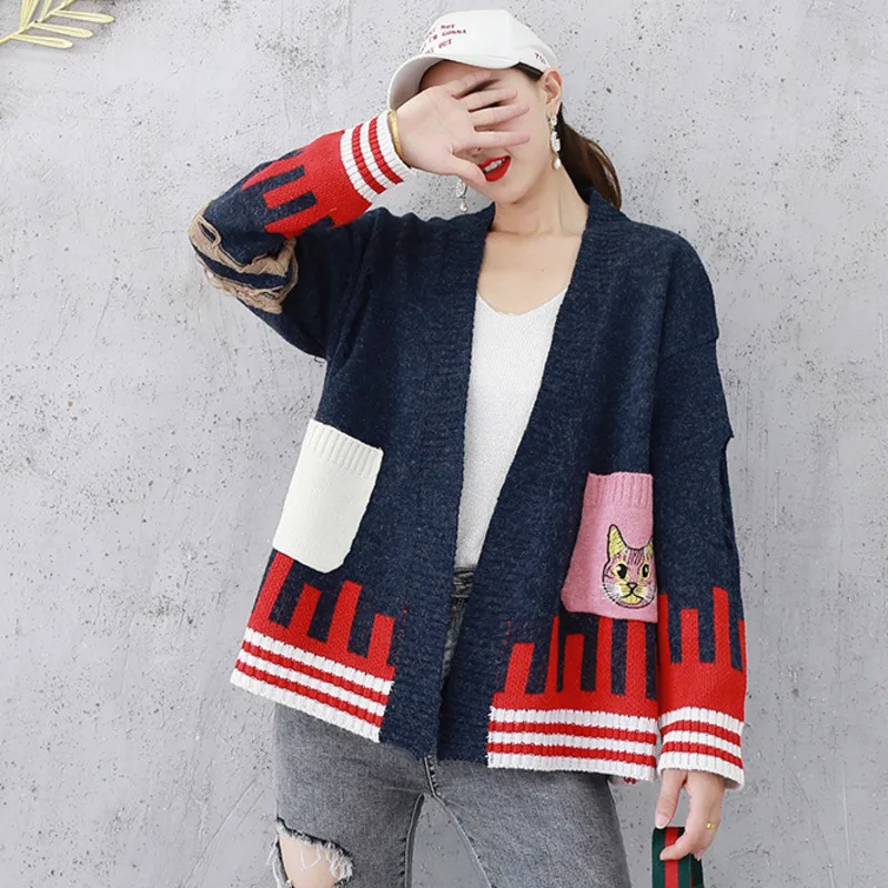 

[EWQ] Panelled Cat Pocket Open Stitch Knit Plus Size Ladies Coat Women Wool 2019 Autumn Winter New Fashion Women Sweater QK69012