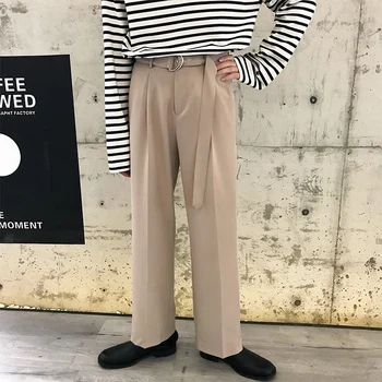 

Male Streetwear Hip Hop Fashion Harem Trousers 3 Colors Men Vintage Business Casual Belt Straight Suit Pant