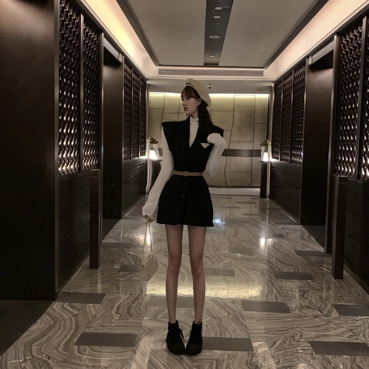 Hong Kong Flavor New Style Loose-Fit Slimming Mid-length Suit Waistcoat Coat+ Versatile Slim Fit Long Sleeve Base Shirt Fashion