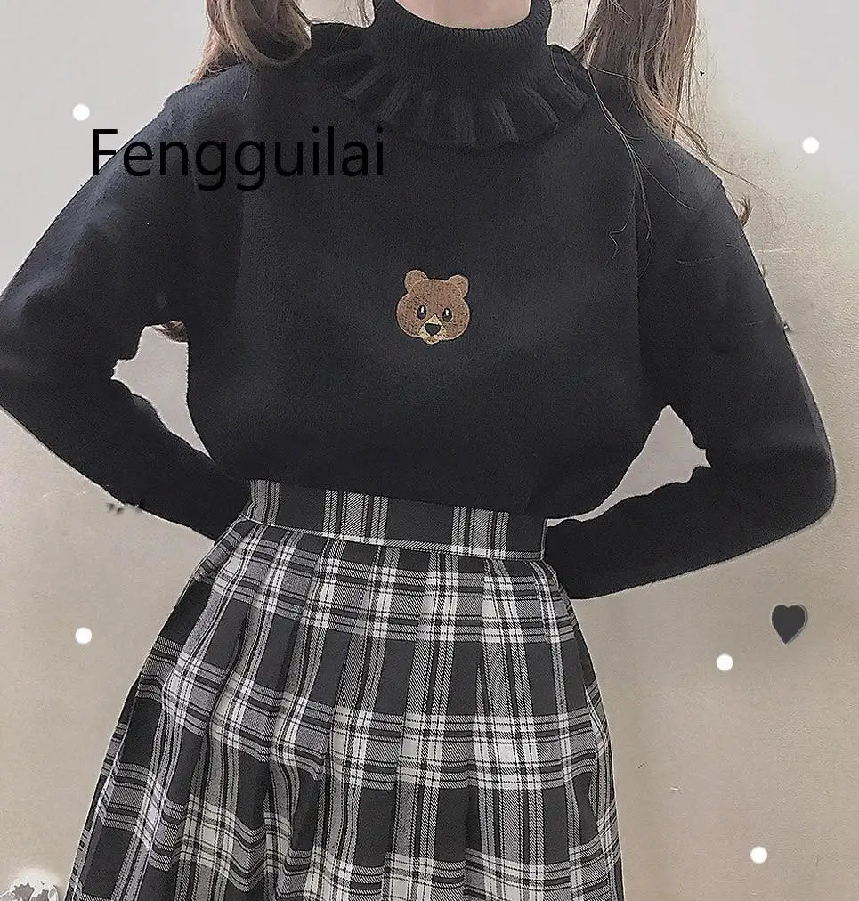 Harajuku Cute Bear Girl Sweater Vintage Knitted High Neck Kawaii Female Pullover Women Turtleneck Ruffle Slim Jumper White Black Harajuku Cute Bear Girl Sweater Vintage Knitted High Neck Kawaii Female Pullover Women Turtleneck Ruffle Slim Jumper White Black