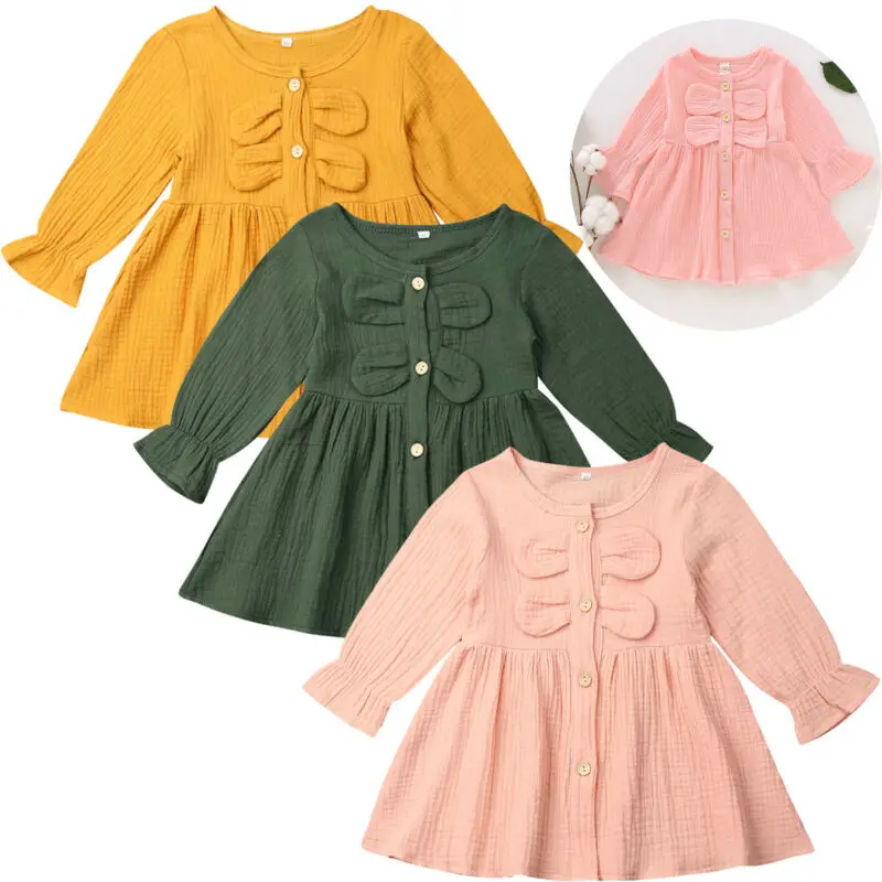 Платье для девочек однотонное Хлопковое платье макси с длинным рукавом и