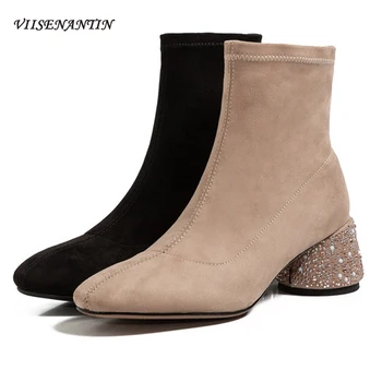 

Autumn Winter Suede Stretch Fashion Sequined Thick Heel Round Toe Simple Versatile Ankle Boots Bling Flock Designer Shoes Women