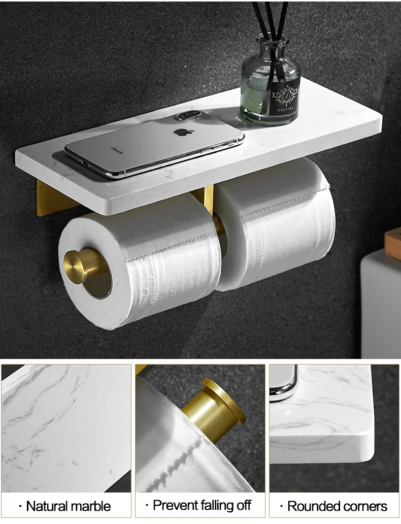 Toilet Paper Holder with Natural Marble Shelf for Bathroom Washroom,Wall  Mounted Tissue Holder Suitable for Mega Roll (Middle 7.87 * 4.72 in, Gold)