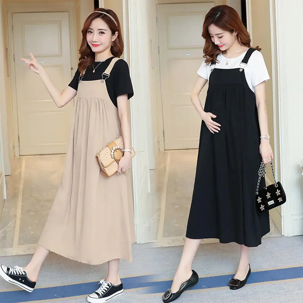 2Pcs/Set Maturity Dress Set Suspender Skirt and Short Sleeve T-shirt Set for Pregnant Woman