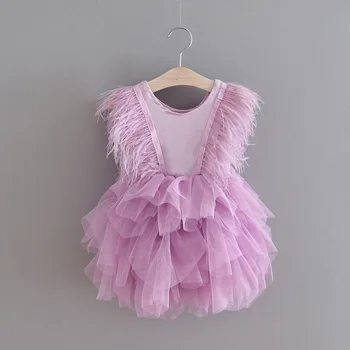 

Baby Girls Princess Fly Sleeve Feathers Dress Ruffles Costume Party Dress Western Fashion Clothes Wholesale