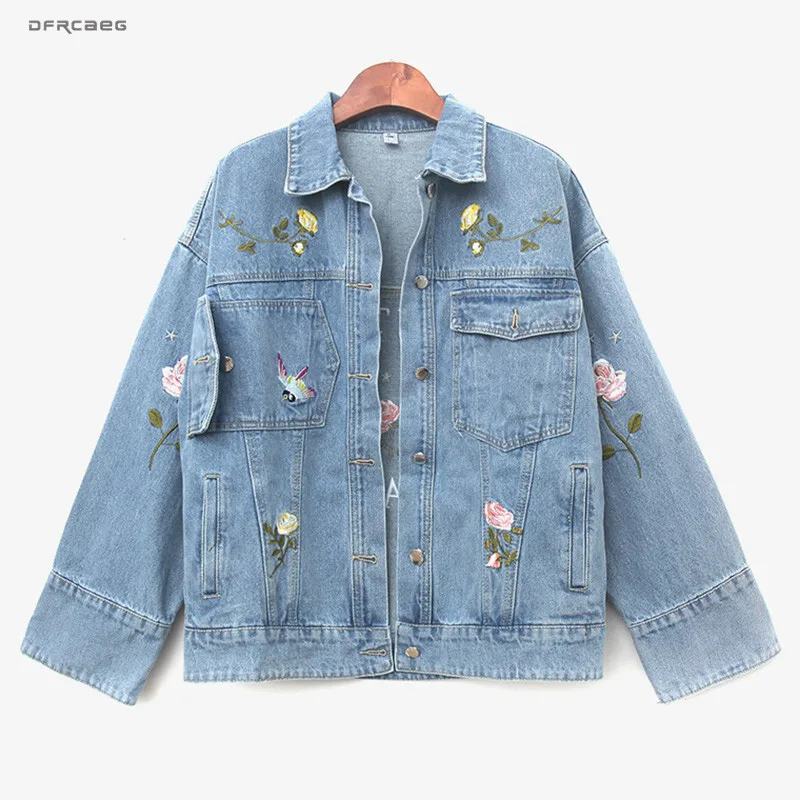 

Blue Loose Froal Embroidered Jeans Jacket Woman Vintage 2020 Spring Streetwear Streetwear Oversize Ladies Denim Coats Outwear