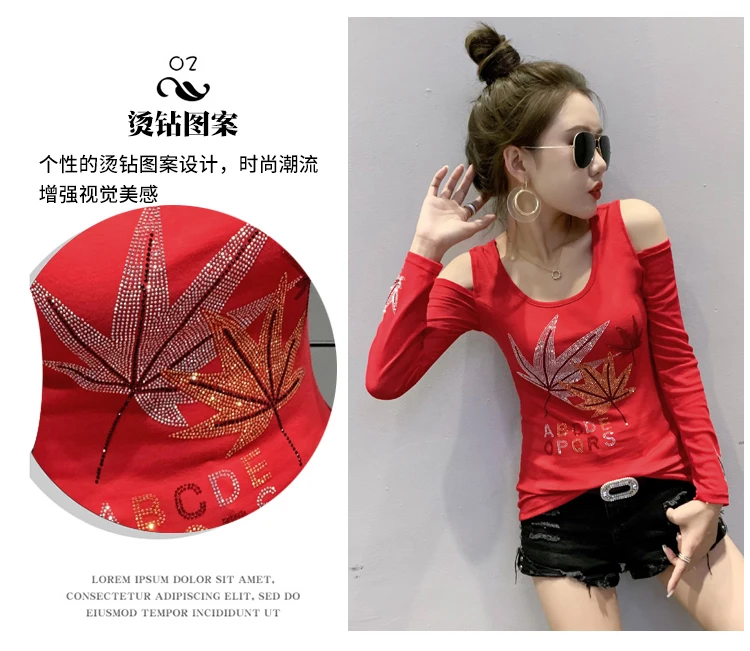 2020 Autumn long sleeve women t-shirt Sexy off the shoulder hot drilling women tops and shirt plus size women clothing