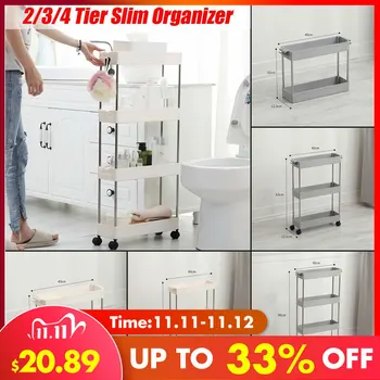 

2/3/4 Layer Movable Gaps Kitchen Storage Rack Slim Slide Tower Assemble Plastic Bathroom Shelf Wheels Space Saving Organizer