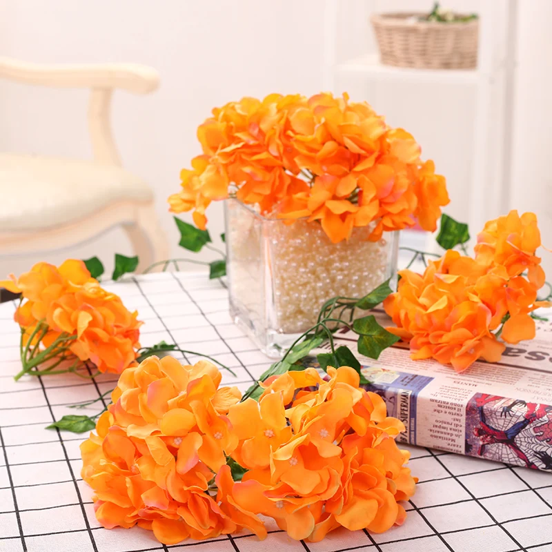 10 шт./Партия 15 см большие шелковые цветки гортензии головы для свадебной вечеринки белые Тиффани синие Искусственные цветы DIY невесты Детские венки - Цвет: Оранжевый