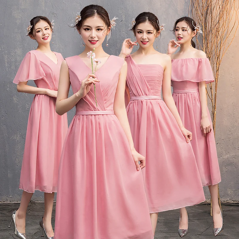 

Chiffon Pink Bridesmaid Dress Tea-Length V-neck Maid of Honor Dress for Weddings Party Sexy Dress Prom Azul Royal Vestidos Mujer