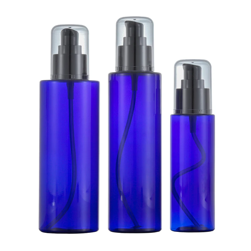 

Plastic PET Bottle Empty Blue Black Pump Clear Cover Cosmetic Refillable Packaging Container Lotion Bottles 100ML200ML250ML30pcs