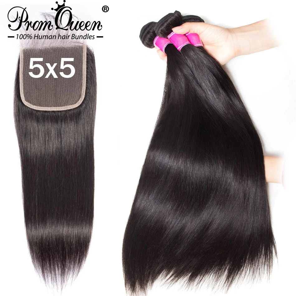 

Straight Human Hair Bundles With Closure Promqueen Brazilian Hair Weave 3 Bundles With 5x5 Lace Closures Natural Color Remy Hair