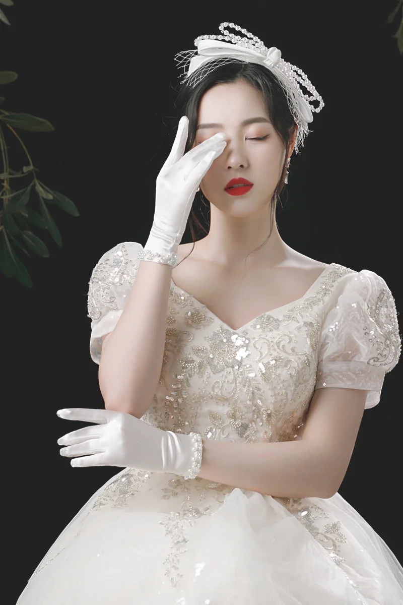 Women Wedding Bridal Short Gloves Full Finger Pearls Wrist Length Costume Prom Party Gloves lace gloves wedding dress gloves satin finger gloves
