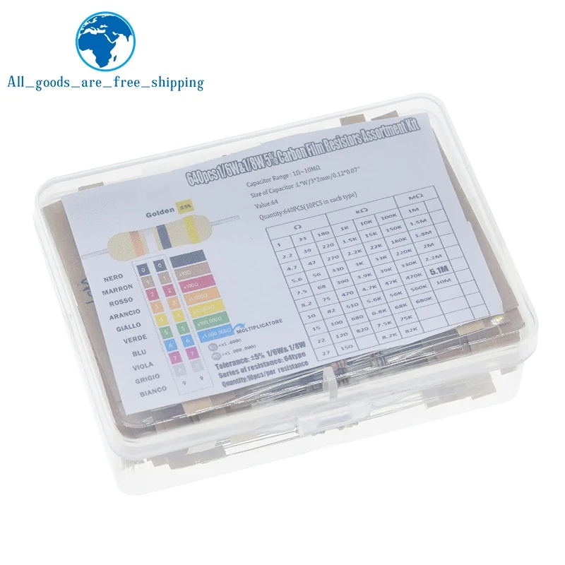 1/8W 5% 640pcs 64 Values 1R - 10MR 0.125W Carbon Film Resistor Assorted Kit Set | Электронные компоненты и