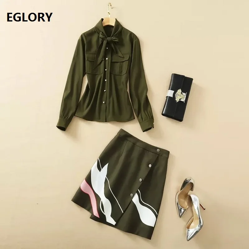 

2021 Spring Fashion 2 Piece Set High Quality Runway Women Bow Collar Army Green Tops Shirt+Abstract Print Mini Skirt Set Casual