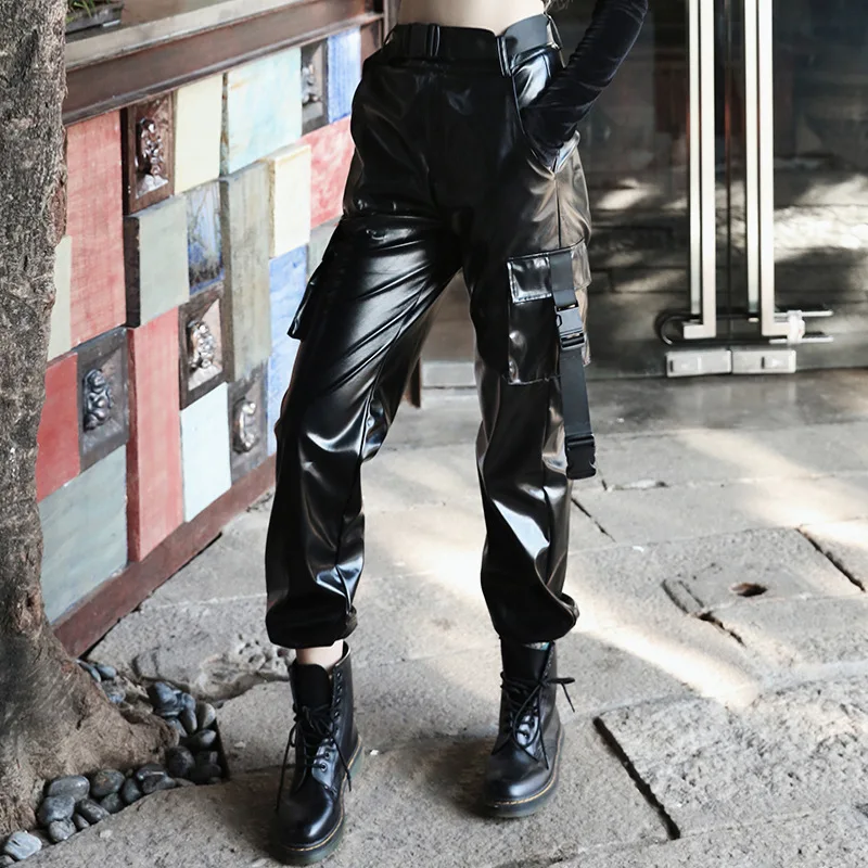 black pants Темные штаны в стиле панк из искусственной кожи с высокой талией, женские штаны с карманами для красивых девушек, свободные штаны из лакированной кожи черного цвета F382 - Цвет: black pants
