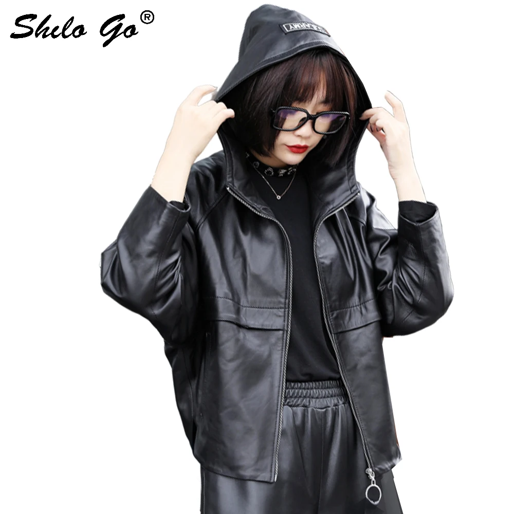 Genuine Leather Jacket Casual Hooded Batwing Sleeve Zip Sheepskin Coat Women Autumn Winter Highstreet Plus Size Outwear Female