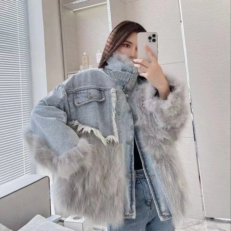 

2021 New Winter jacket women fashion denim stitching Imitation raccoon fur coat mid-length parka faux fur overcoat Female