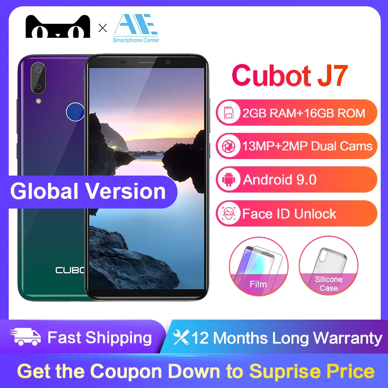 

Cubot J7 5.7 Inch 18:9 2GB 16GB Android 9.0 Smartphone MT6580 Quad-Core Dual Camera 2800mAh Face ID Fingerprint Mobile Phone