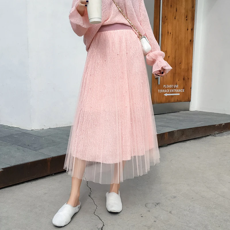 Осень, женские корейские плиссированные тюлевые юбки, жемчужные, марлевые, сетчатые, с кисточками, с подкладкой, с эластичной талией, розовые, сказочные, женские длинные тюлевые юбки