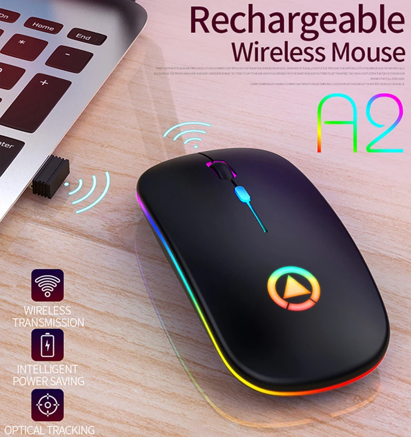 

A2 Wireless Rechargable Mouse 7 Color LED Backlight Silent Mice USB Optical/ Wireless Bluetooth Gaming Mouse for Desktop Laptop