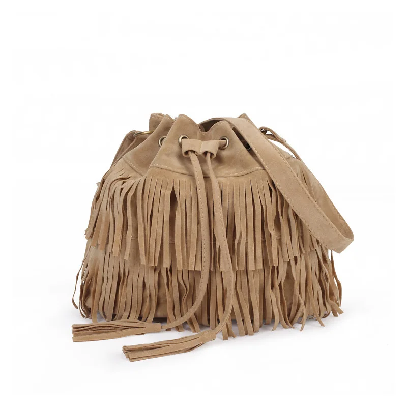 

Bag European And American Minimalist Retro Tassels Drawstring Bucket Tassels Bag Shoulder Solid Color WOMEN'S Bag