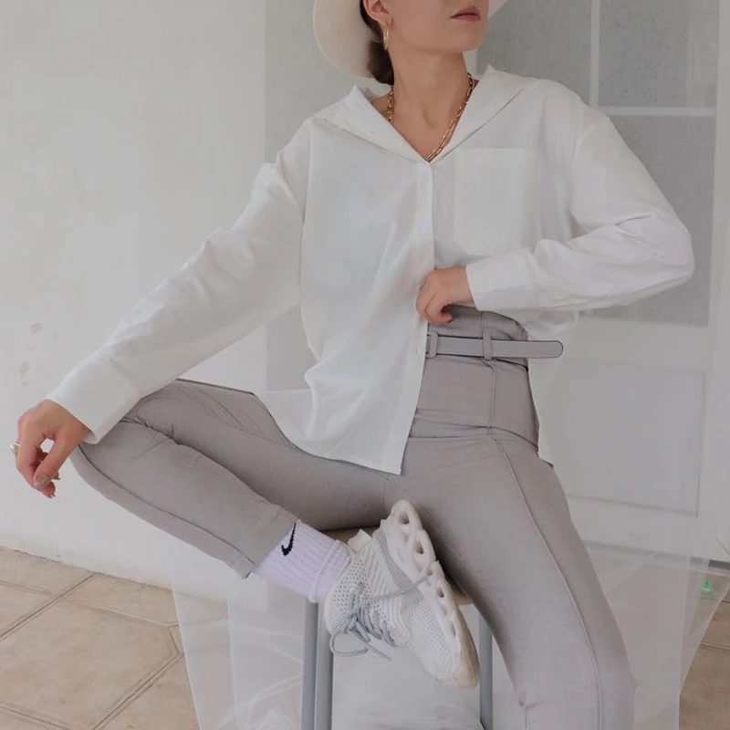 Lizkova 100% хлопковая белая блузка для женщин японский Рубашка свободного кроя 2020