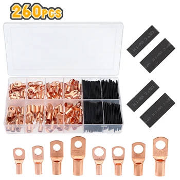 

260PCS Boxed Car Auto Copper Bare Ring Terminals lug Tinned Copper Tube Lug Seal Battery Terminals Soldered Connectors Kits