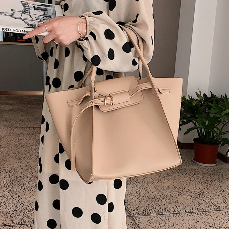 

Burminsa Unique Design Big Belt Trapeze Women Handbags Soft High Quality Tote Bags PU Leather Female Shoulder Bags Winter 2020
