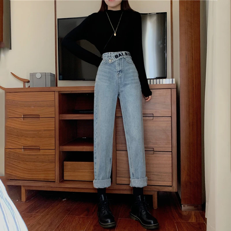 Autumn and winter 2019 new high waist was thin wild long pants daddy pants light loose straight jeans women