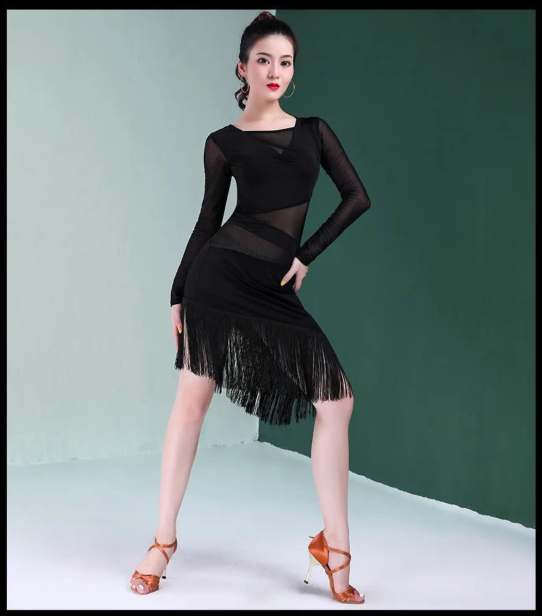 Черное сексуальное платье для латинских бальных танцев, для женщин, для взрослых, сценическая юбка, Румба, чача, Самба, тренировочная Одежда для танцев, B0082 - Цвет: Черный