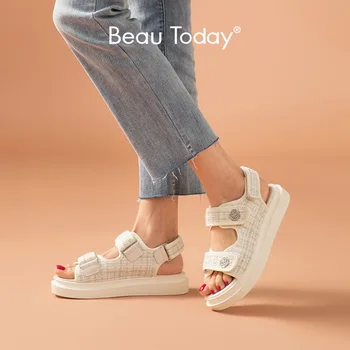 BeauToday Platform Sandals Women Lattice Round Toe Hook Loop Plaid Cloth Summer Casual Ladies Outdoor Shoes Handmade 38161 1