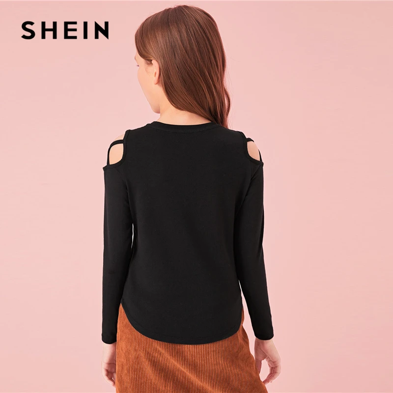 SHEIN Kiddie Black Solid Criss Cross Shoulder Casual T-Shirt Kids Top Autumn Long Sleeve Skinny Teenagers Cut Out Tees