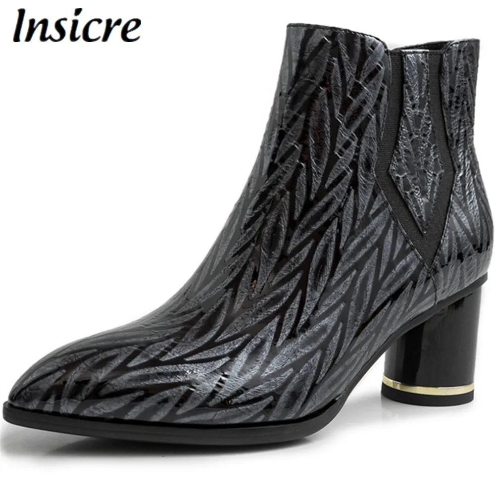 

Insicre women ankle boots cow leather round heel zipper ladies winter shoes print black genuine leather high heel autumn 33-43