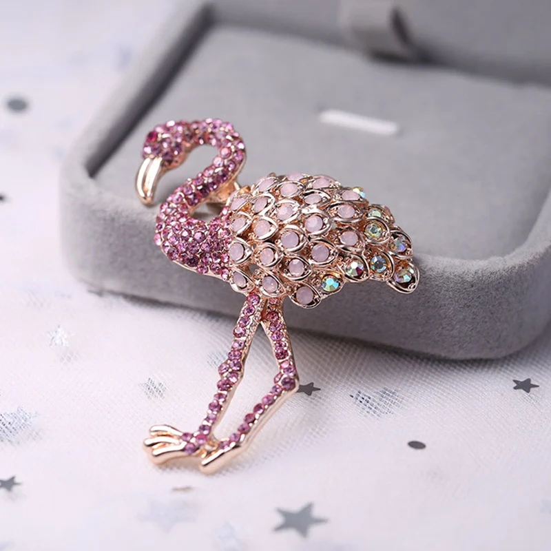 

Luxury Flamingo Brooches For Women Party Wedding Jewelry Pink Crystal Paved Rose Gold Metal Large Animal Bird Brooch